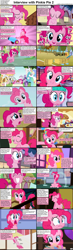 Size: 1282x4376 | Tagged: safe, applejack, donut joe, fluttershy, pinkie pie, princess celestia, rainbow dash, rarity, alicorn, earth pony, pegasus, pony, unicorn, comic:celestia's servant interview, candy, caption, comic, crying, female, interview, lollipop, mare, ocular gushers, party cannon, solo focus