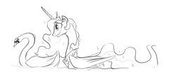 Size: 726x300 | Tagged: safe, artist:kilo, princess celestia, alicorn, pony, swan, blushing, cute, cutelestia, female, glare, mare, monochrome, open mouth, sketch, smiling, swanlestia, swimming, unamused, water, wavy mouth