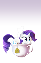 Size: 1024x1571 | Tagged: safe, artist:gashiboka, rarity, pony, unicorn, cup of pony, frown, lock screen, micro, pun, raritea, solo, tea, teacup, visual pun, watermark