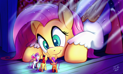 Size: 1500x899 | Tagged: safe, artist:tsitra360, apple bloom, fluttershy, scootaloo, sweetie belle, mouse, adorabloom, cinderella, cindershy, clothes, crossover, cute, cutealoo, cutie mark crusaders, diasweetes, disney, micro, mousified, parody, pinkie tales, shyabetes, signature, size difference, species swap