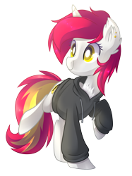 Size: 1572x2100 | Tagged: safe, artist:drawntildawn, oc, oc only, pony, unicorn, clothes, hoodie, raised hoof, simple background, solo, transparent background