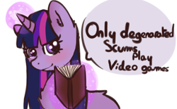 Size: 429x266 | Tagged: safe, artist:fluffleduckle, twilight sparkle, unicorn twilight, alicorn, pony, unicorn, /mlp/, background pony strikes again, book, engrish, magic, mouthpiece, op is a cuck, op is trying to start shit, simple background, solo, telekinesis, white background