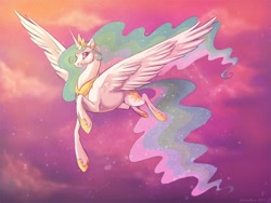 Size: 800x600 | Tagged: safe, artist:kaceymeg, princess celestia, alicorn, pony, female, flying, mare, sky, smiling, solo