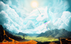 Size: 4740x2960 | Tagged: safe, artist:disfiguredstick, princess celestia, alicorn, pony, abstract background, female, flying, lava, mare, mountain, scenery, scenery porn, smiling, solo, sun, wingding eyes