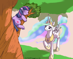 Size: 1470x1198 | Tagged: safe, artist:takina-rainbow, princess celestia, twilight sparkle, alicorn, pony, unicorn, cute, duo, duo female, eyes closed, female, filly, filly twilight sparkle, mare, raised hoof, scared, sweat, teleportation mishap, tree, tree branch, underhoof, younger