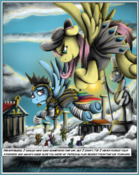 Size: 1935x2449 | Tagged: safe, artist:jamescorck, commander hurricane, private pansy, pegasus, pony, comic:i will never leave you, bandage, cloudsdale, comic, flag, history, rain