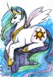 Size: 627x907 | Tagged: safe, artist:parano-ai, princess celestia, alicorn, pony, abstract background, female, mare, prone, solo