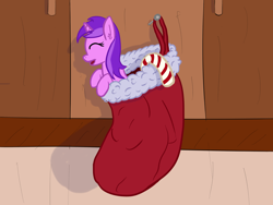 Size: 3200x2400 | Tagged: safe, artist:eyeburn, derpibooru exclusive, amethyst star, sparkler, oc, oc:tinisparkler, pony, unicorn, candy, candy cane, christmas stocking, cute, food, micro, redraw, sock