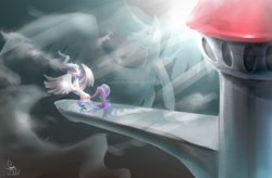 Size: 800x526 | Tagged: safe, artist:canarycharm, princess celestia, alicorn, pony, balcony, cloud, cloudy, crepuscular rays, female, mare, rearing, smiling, solo, spread wings