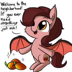 Size: 1080x1080 | Tagged: safe, artist:tjpones, oc, oc only, bat pony, pony, cheek fluff, chest fluff, cute, dialogue, fangs, female, food, hair over one eye, looking up, mango, mare, ocbetes, open mouth, simple background, sitting, smiling, solo, sparkles, spread wings, text, tomato, underhoof, white background, wings