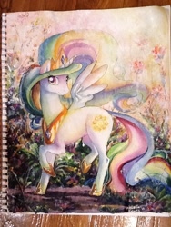 Size: 720x960 | Tagged: safe, artist:th351, princess celestia, alicorn, pony, female, looking at you, mare, photo, raised hoof, raised leg, smiling, solo, spread wings, traditional art