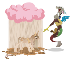 Size: 1596x1349 | Tagged: dead source, safe, artist:anima-dos, discord, princess celestia, alicorn, draconequus, pony, angry, celestia is not amused, chocolate, chocolate milk, chocolate rain, cloud, discord being discord, duo, eyes closed, female, fluffy, frown, glare, glarelestia, laughing, makeup, male, mare, milk, open mouth, pink cloud, pointing, rain, running makeup, simple background, smiling, transparent background, wet, wet mane, wet tail