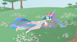 Size: 2334x1280 | Tagged: safe, artist:feather, princess celestia, alicorn, pony, dappled sunlight, female, flower, frown, mare, meadow, prone, solo, straw in mouth, tree