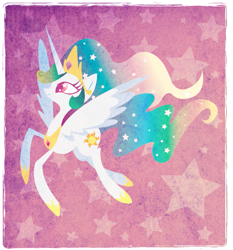 Size: 665x715 | Tagged: safe, artist:disfiguredstick, princess celestia, alicorn, pony, abstract background, female, flying, mare, smiling, wingding eyes