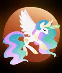 Size: 1280x1510 | Tagged: safe, artist:otterlore, princess celestia, alicorn, pony, eclipse, eyes closed, female, flying, lunar eclipse, mare, solo