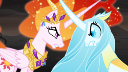 Size: 6000x3375 | Tagged: safe, artist:orin331, edit, edited screencap, screencap, nightmare star, princess celestia, queen chrysalis, alicorn, changedling, changeling, changeling queen, pony, the cutie re-mark, to where and back again, absurd resolution, alternate timeline, alternate universe, ashlands timeline, barren, evil, good, implied genocide, mane of fire, post-apocalyptic, purified chrysalis, role reversal, wasteland