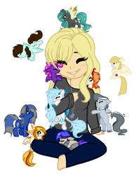 Size: 661x853 | Tagged: safe, artist:cayfie, oc, oc only, oc:amber, oc:clarity, oc:crystal vision, oc:flare shot, oc:heart stabber, oc:katisha, oc:mint chip, oc:moon chaser, oc:silver bolt, oc:szel, bat pony, cyborg, human, pony, amputee, barefoot, cute, eyes closed, feet, micro, non-mlp oc, tiny ponies