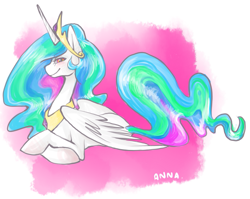 Size: 681x543 | Tagged: safe, artist:cthulhugenocidist, artist:dogrot, princess celestia, alicorn, pony, abstract background, female, mare, prone, smiling, solo