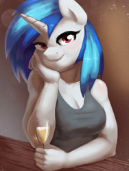 Size: 1500x2000 | Tagged: safe, artist:burgerkiss, dj pon-3, vinyl scratch, anthro, breasts, champagne, cleavage, clothes, colored pupils, eyelashes, female, glass, looking at you, romantic, solo, tanktop, vinyl stacked