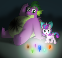 Size: 4793x4440 | Tagged: safe, artist:aleximusprime, princess flurry heart, spike, dragon, flurry heart's story, adult, adult spike, belly, bow, burn marks, chubby, crystal, duo, element of generosity, element of honesty, element of kindness, element of laughter, element of loyalty, element of magic, elements of harmony, fat, fat spike, filly, filly flurry heart, gem, glow, grownup spike, injured, older, older spike, plump, shards, surprised, teaser art