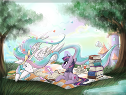 Size: 2000x1500 | Tagged: safe, artist:exxiry, princess celestia, twilight sparkle, alicorn, pony, unicorn, book, duo, duo female, female, food, mare, meadow, picnic, picnic blanket, prone, sandwich, windswept mane