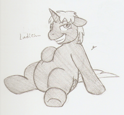 Size: 807x746 | Tagged: safe, artist:ravenpuff, oc, oc only, oc:bastion, pony, unicorn, bhm, chubby, fat, grin, horn, male, sitting, smiling, solo, speech, stallion, traditional art, underhoof, unicorn oc