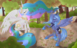 Size: 1680x1050 | Tagged: safe, artist:pony-spiz, princess celestia, princess luna, alicorn, pony, autumn, dancing, duo, duo female, eyes closed, female, forest, mare, princess, s1 luna, smiling