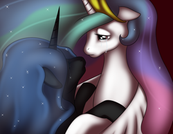 Size: 1800x1400 | Tagged: safe, artist:kloudmutt, princess celestia, princess luna, alicorn, pony, crying, duo, duo female, female, floppy ears, hug, mare, princess, sisters