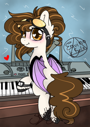 Size: 1000x1414 | Tagged: safe, artist:equinoecho08, oc, oc only, oc:equinoecho08, bat pony, pony, blushing, clock, colored pupils, cute, ear fluff, freckles, goggles, heart, keyboard, looking at you, looking back, signature, smiling, solo, wingding eyes