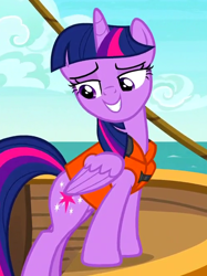 Size: 500x670 | Tagged: safe, screencap, twilight sparkle, twilight sparkle (alicorn), alicorn, pony, ppov, cropped, lidded eyes, lifejacket, solo