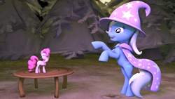 Size: 4096x2304 | Tagged: safe, artist:oc1024, pinkie pie, trixie, earth pony, pony, unicorn, 3d, cape, clothes, female, hat, laughing, mare, micro, pose, small, source filmmaker, table, trixie's cape, trixie's hat