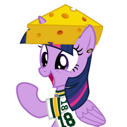 Size: 1000x1000 | Tagged: safe, artist:cheezedoodle96, twilight sparkle, twilight sparkle (alicorn), alicorn, pony, american football, cheese, cheese hat, cheesehead, cute, ear piercing, earring, female, food, green bay packers, happy, hat, hilarious in hindsight, jewelry, mare, nfl, open mouth, piercing, randall cobb, simple background, sitting, smiling, solo, they're just so cheesy, transparent background, wisconsin