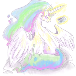 Size: 600x600 | Tagged: dead source, safe, artist:scervo, princess celestia, alicorn, pony, eyes closed, female, mare, missing accessory, princess, rear view, sitting, smiling, solo, spread wings, tea, wings