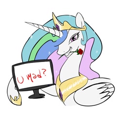 Size: 900x900 | Tagged: safe, artist:zev, princess celestia, alicorn, pony, female, flower, flower in mouth, mare, monitor, mouth hold, princess, rose, simple background, solo, trollestia, u mad, white background