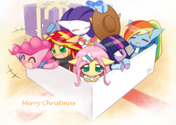 Size: 1411x1000 | Tagged: safe, artist:howxu, part of a set, applejack, fluttershy, pinkie pie, rainbow dash, rarity, sunset shimmer, twilight sparkle, equestria girls, alternate mane seven, chibi, christmas, cute, dashabetes, diapinkes, eating, floppy ears, howxu's handling, mane six, micro, ponied up, raribetes, shimmerbetes, shyabetes, twiabetes