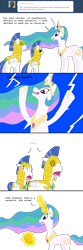 Size: 800x2400 | Tagged: safe, artist:hakar-kerarmor, princess celestia, oc, oc:arrowhead, oc:nors, alicorn, pegasus, pony, ask four inept guardponies, eyepatch, female, food, magic, male, mare, royal guard, sandwich, shocked, stallion, to the moon