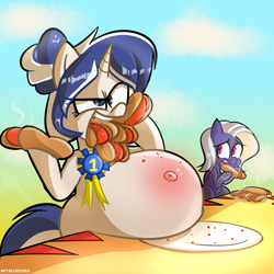 Size: 3000x3000 | Tagged: safe, artist:metalface069, oc, oc only, pony, unicorn, belly, big belly, eating contest, fat, food, gut rest, hot dog, huge belly, meat, ponies eating meat, sausage, stuffed, ych result