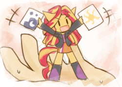 Size: 1209x860 | Tagged: safe, artist:howxu, part of a set, princess celestia, princess luna, sunset shimmer, equestria girls, boots, chibi, clothes, cutie mark, howxu's handling, in goliath's palm, jacket, leather jacket, micro, skirt