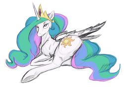 Size: 750x527 | Tagged: artist needed, safe, princess celestia, alicorn, pony, crown, female, jewelry, mare, plot, prone, regalia, simple background, solo, sultry pose, sunbutt, the ass was fat, white background