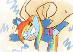 Size: 1209x860 | Tagged: safe, artist:howxu, part of a set, rainbow dash, equestria girls, angry, chibi, hand, howxu's handling, in goliath's palm, micro, suspended