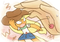 Size: 1209x860 | Tagged: safe, artist:howxu, part of a set, applejack, equestria girls, apple, chibi, clothes, cowboy hat, denim skirt, food, hand, hat, howxu's handling, in goliath's palm, micro, skirt, stetson, throwing