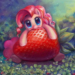 Size: 750x750 | Tagged: safe, artist:son-trava, pinkie pie, earth pony, pony, cute, diapinkes, female, food, giant produce, high fructose, looking at you, mare, micro, nom, solo, strawberry, weapons-grade cute