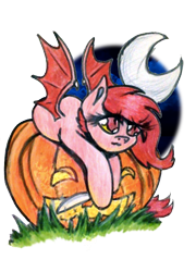 Size: 720x1000 | Tagged: safe, artist:pepperscratch, oc, oc only, oc:spicy, bat pony, pony, bat pony oc, female, jack-o-lantern, mare, moon, pumpkin, simple background, solo, traditional art, transparent background