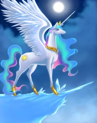 Size: 1175x1500 | Tagged: safe, artist:jacky-bunny, princess celestia, alicorn, pony, backlighting, female, mare, moon, night, solo, spread wings, the last unicorn, wings
