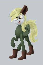 Size: 1024x1524 | Tagged: safe, artist:chibadeer, derpy hooves, bodysuit, boots, clothes, cosplay, costume, raised hoof, smiling, solo