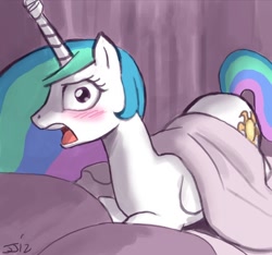 Size: 650x608 | Tagged: safe, artist:johnjoseco, princess celestia, alicorn, pony, bed, blanket, blushing, female, mare, open mouth, prone, solo