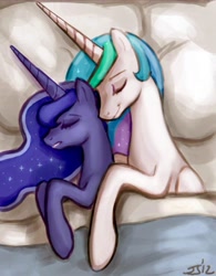 Size: 500x642 | Tagged: safe, artist:johnjoseco, princess celestia, princess luna, alicorn, pony, bed, cuddling, duo, duo female, female, mare, royal sisters, sleeping