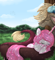 Size: 2300x2500 | Tagged: dead source, safe, artist:rainbowscreen, discord, princess celestia, alicorn, draconequus, pony, cewestia, dappled sunlight, dislestia, eyes closed, female, filly, foal, foal romance, high res, male, pile, pink-mane celestia, shade, shipping, sleeping, straight, tree, younger