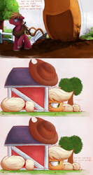 Size: 2000x3750 | Tagged: safe, artist:ncmares, applejack, big macintosh, earth pony, pony, apple, ask, barn, big-apple-pony, cowboy hat, dialogue, food, freckles, frown, hat, macro, male, nose wrinkle, plow, smiling, stallion, stetson, sweet apple acres, tree, tumblr, underhoof