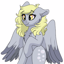 Size: 3000x3000 | Tagged: safe, artist:scarletskitty12, derpy hooves, pegasus, pony, chest fluff, curly hair, cute, female, mare, raised hoof, simple background, smiling, solo, underp, white background